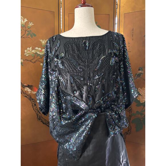 Vintage silk top with beads and sequins in black, size L - Picture 5 of 8